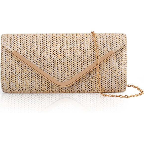 Women's Beige Clutch Purses Sparkling Envelope Evening Bag with Detachable Chain - Picture 3 of 9